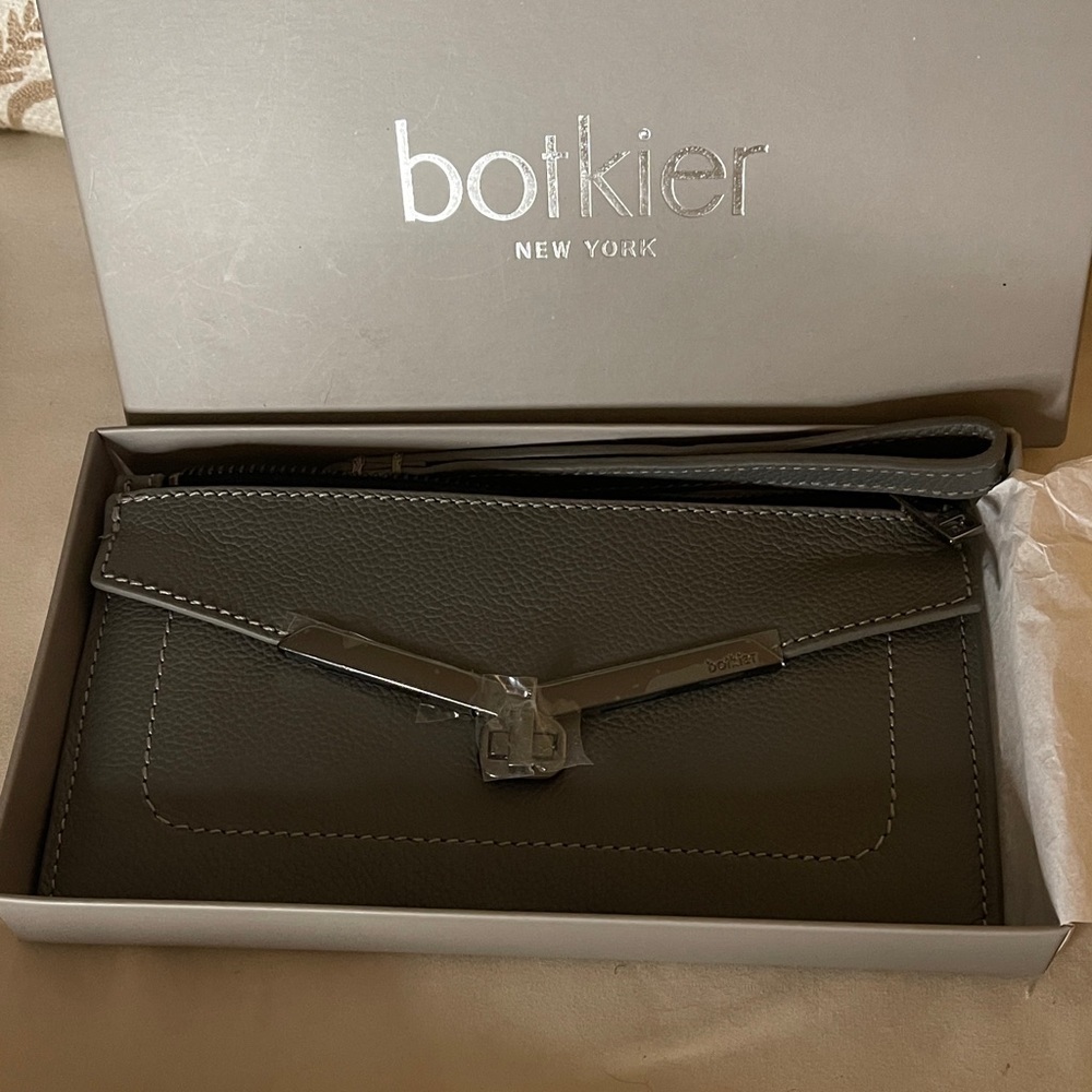 Botkier NY Valentina Charcoal Leather Wristlet Clutch with Silver Detail Botkier